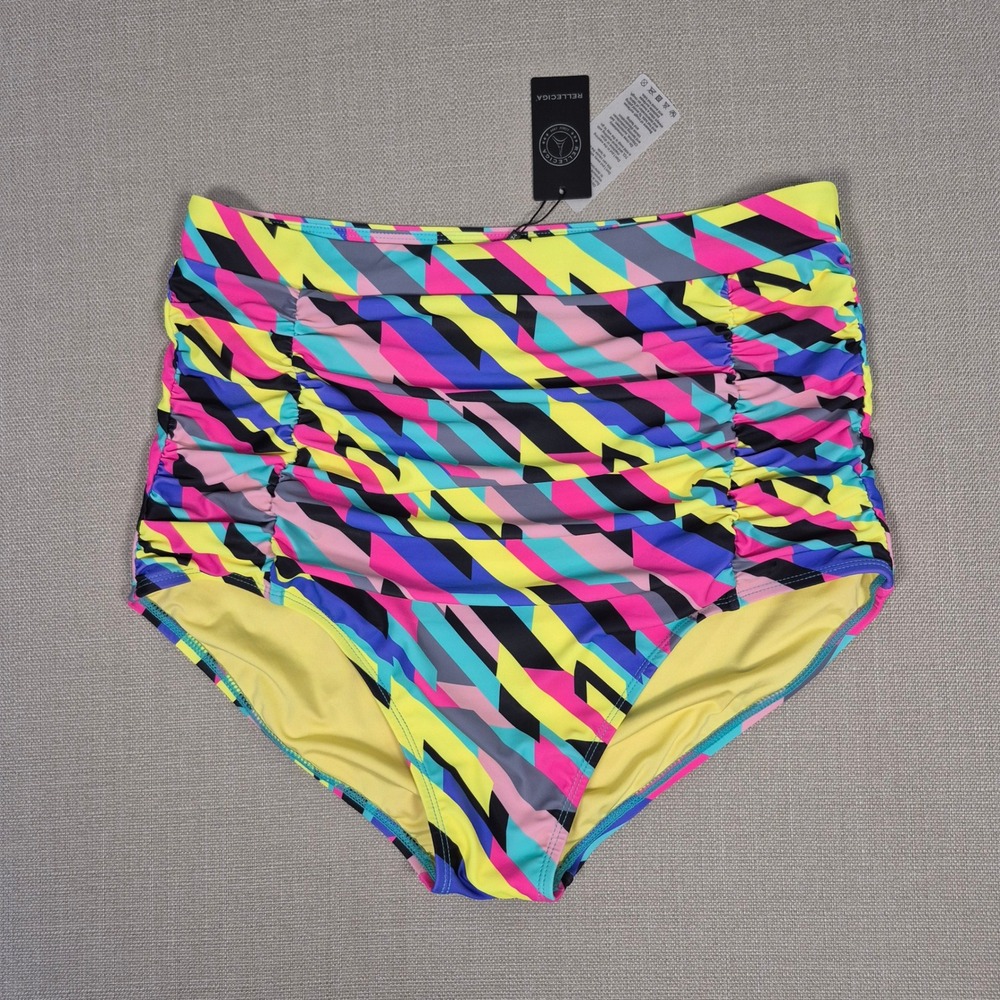 RELLECIGA Women XXL High Waisted Ruched Bikini Bottoms Geometric Neon Print NWT